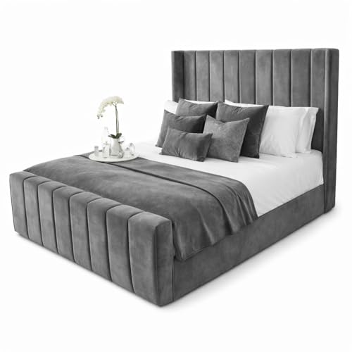 JASSAT Bed with Slats, Upholstered Plush Velvet Bed Frame with Headboard & Footboard, Sturdy Wooden Slatted Base, Double, King & Super King (Grey Plush, 4FT6 DOUBLE)