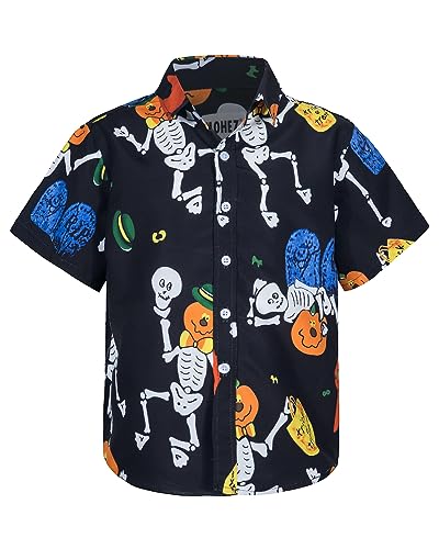 Boys Halloween Shirts Kid Funny Pumpkin Ghost Print Button Up Top Short Sleeve Hawaiian Dress Shirt for 3-14 Years