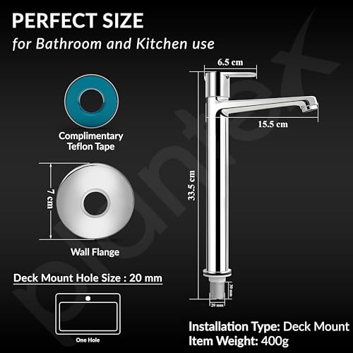 Image of Plantex Pure Brass High Neck Pillar Cocke /Tall Body Pillar Cock for Basin with Teflon Tape /Tap for Wash Basin with 7 Year Warranty - (Alpha, Chrome)
