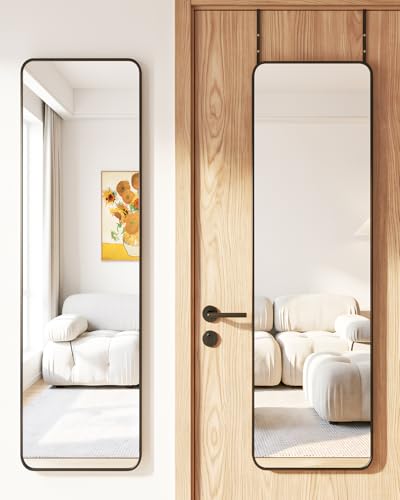 Image of Antok 48 inchx14 inch Over the Door Mirror, Full Length Mirror Door Hanging with Aluminum Metal Frame, Rectangle Wall Mounted Body Mirrors for Bedroom, No-Drill Space Saving Dressing Mirrors, Black