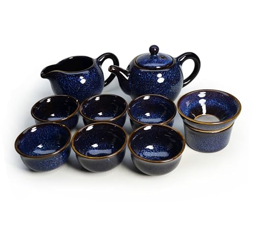 Image of Kiln Glaze Ceramic Tea Set Gift Box (9-Piece), 10oz Teapot, Fairness Cup, Strainer & 6 Tea Cups Kiln-Transformed Glaze in Ocean Blue, Chinese Artisan Tea Collection (Set blue)
