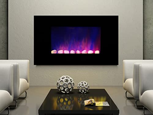CHEMIN’ARTE Elektrokamin mit Heizung und Kaminfeuer Volcano - elektrischer Kamin mit LED-Licht, Heizlüfter, Deko & Fernbedienung - zum Aufhängen an der Wand, max. 2000 W - schwarz, 90x52 cm