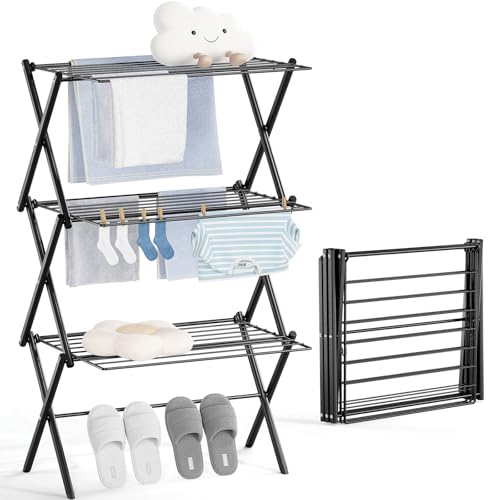 KINGBOARD Support de séchage des vêtements, étendoir à linge pliable, séchoir à vêtements à 3 niveaux, séchoir à pull pliable, pour intérieur et...