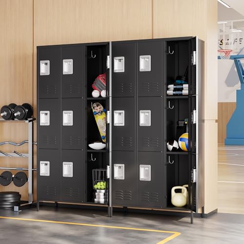 Image of Metal Locker with 9 Doors Employees Locker, Metal Storage Locker with Hooks, 71 inch Storage Cabinet Lockers for Employees, Home, Office, Gym Requires Assembly (9 Doors, Black)