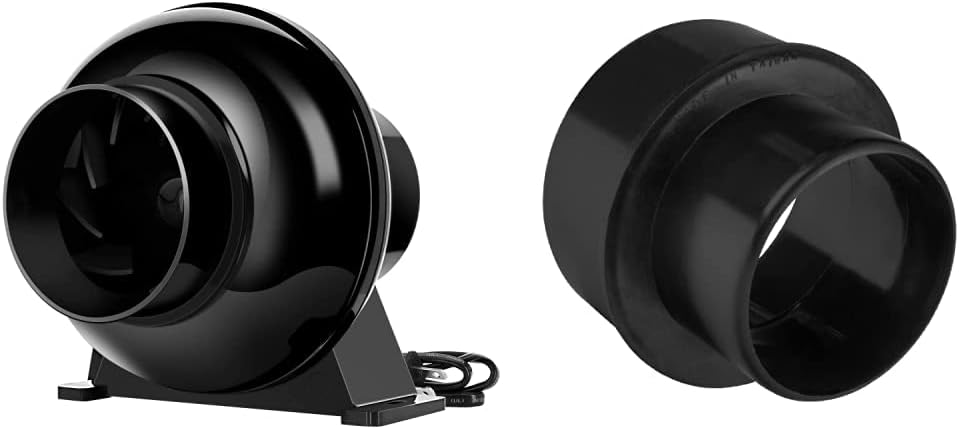 iPower 4 Inch 195 CFM Duct Inline Ventilation Fan Air Circulation Vent HVAC Exhaust Blower for Grow Tent, Greenhouses, Basements or Kitchens, Black & POWERTEC 70145 4-Inch to 3-Inch Reducer