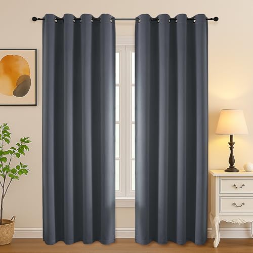 Image of Simplebrand Grey Room Darkening Curtains for Bedroom Living Room 84 Inch Length 2 Panels Set, Thermal Insulated Curtains & Drapes, Solid Grommet Noise Reducing Window Treatment, W50 x L84 Inch
