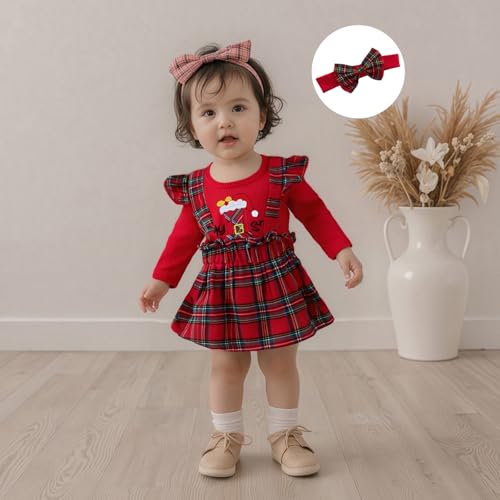 My 1st Christmas Baby Girl Outfits Letter Santa Hat Embroidery Romper Plaid Suspender Skirts Headband Set2