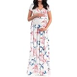 💚Umstandskleid aus Polyester,Kurz Ärmel,Vausschnitt,Boho Stil,Blumendruck,Maxi,wickel,mit Gütel-Design,Geschnürt,der Schnitt mit den Falten an den Seiten passt sich dem wachsenden Bauch.