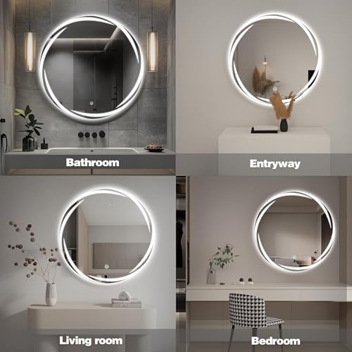Image of ALFA Design 18 Inch Round Frameless LED Mirror | Wall Mounted with Touch Sensor, 3 Light Modes Natural, Warm & Cold White | Wall Decor for Living Room, Entryway, Washroom