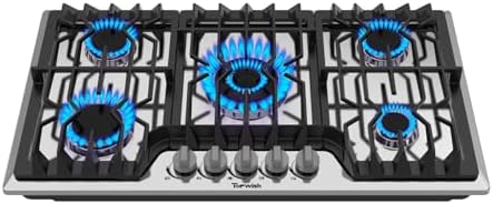 36 Inch Gas Cooktop, 5 Burners Gas Stove Top, NG/LPG Convertible 304 Stainless Steel Built-in Propane Stovetop, Natural Hob with Thermocouple Flame Out Protection for Rvs Kitchen Apartments