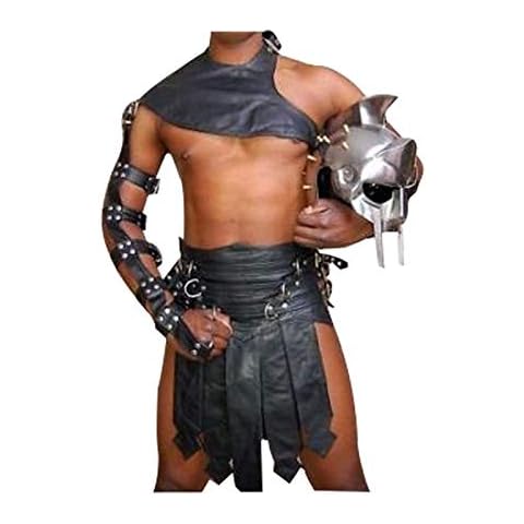 AREENO Real Black Leather Mens Roman Gladiator Kilt Set Heavy Duty LARP Club Wear W32 Cover