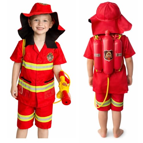 Fantasia de Bombeiro Infantil com Chapéu e Arminha de Água Conjunto Completo Realista para Crianças, Ideal para Brincar, Fantasias e Presentes (M (110 a 120))