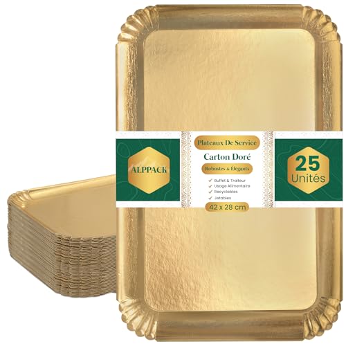 Plateau de Service en Carton Épais Doré 42 × 28 cm – Lot de 25 Plateaux Traiteur Jetables Élégants – Présentoir Apéritif Buffet – Plateau Jetable avec Vos Assiettes Jetables pour Mariage et Réception