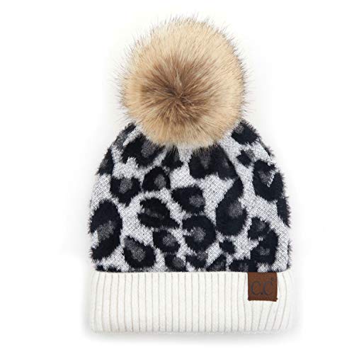 Image of C.C Exclusives Soft Beanie hat with Leopard Pattern and Fur Pom(HAT-7001)(SF-7001)