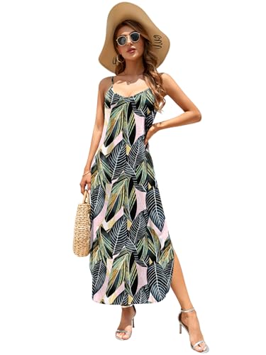 Image of HUSKARY Women's Summer Casual Sleeveless V Neck Strappy Split Loose Dress Beach Cover Up Long Cami Maxi Dresses with Pocket