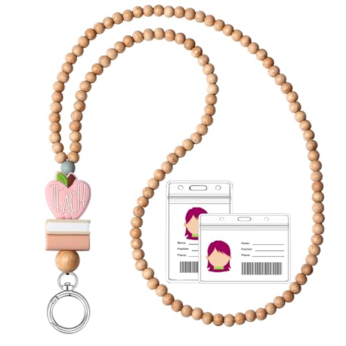 Image of Teacher Lanyard Lanyards for ID Badges Keys Women Wood Silicone Beaded Lanyard with ID Holder Work Jewelry