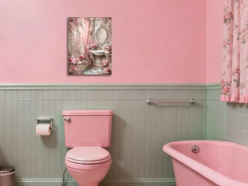 Image of Frimeeme Vintage Pink Bathroom Canvas Wall Art, 12 x 16 In, Ready To Hang