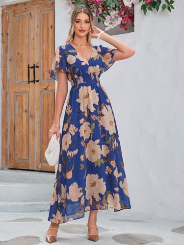 Image of Simplee Women's Boho Floral Maxi Dress Flowy Casual V Neck Short Sleeve Wedding Guest Holiday Beach Long Dress