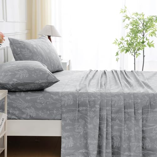 Image of 100% Natural Cotton Percale Sheets Set,Queen Size 4 PC, Breathable&Durable Hotel Quality Bedding, 16 inch Deep Pocket Botanical Floral Bedsheets,Gray