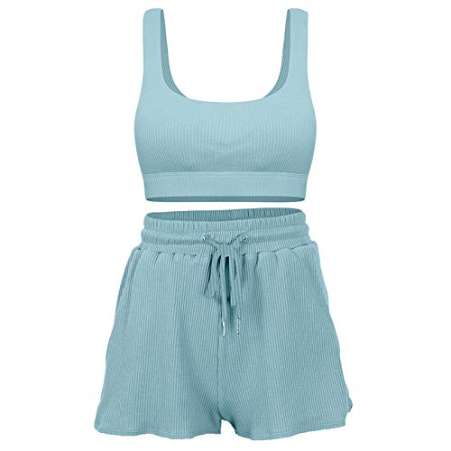 Women Gym Yoga Wear Sports Soutien-Gorge Short À Manches Courtes 2pcs Blue-S