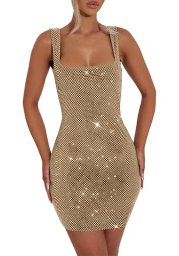 Famnbro Womens Sexy Sequin Dress Square Neck Sleeveless Cocktail Party Bodycon Sparkle Mini Dresses