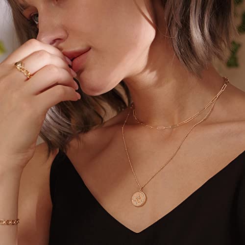 Mevecco Gold Birth Flower Coin Necklace For Women Paperclip Chain Choker Layered Set Embossed Disc November Chrysanthemum Pendent 18K Gold Plated Dainty Satellite Chain Birthday Jewelry For Her #TOP2