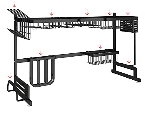 Abtropfgestell spüle Multifunktional, Küchen Organizer, Küchenutensilienhalter + Geschirrabtropfgestell + Schneidbretthalter + Becherhalter + Haken, Schwarz