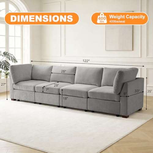 Image of TEKAMON 122 inch Modern Sofa Modular Sectional Couch, 4-Seat Chenille Deep Seat Sofa for Living Room, Bedroom and Apartment, Light Grey