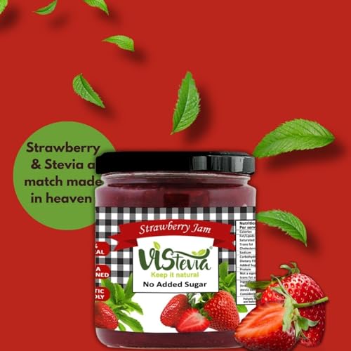 Image of Vistevia Sugar Free Raspberry & Strawberry Jam, Diabetic and Keto Friendly - Sweetened Naturally with Stevia, More Than 60% Whole Berry Content - Tastes Delicious - Pack of 2 (220 * 2 GM)