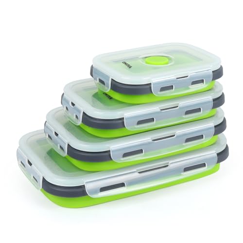 VIGIND Set of 4 Collapsible Foldable Silicone Food Storage Container, Leftover Meal Box With Airtight Plastic Lids For Kitchen, Bento Lunch Boxes-Microwave, Dishwasher and Freezer Safe
