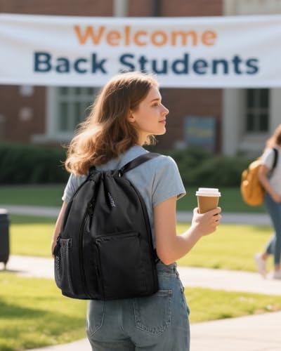 WANDF Drawstring Backpack Sports Gym Bag with Shoes Compartment, Water-Resistant String Beach Sackpack Swim Bag for Women and Men (Black)4