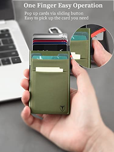 Image of TOYFID Slim Wallet for Men,Pop Up Credit Card Wallet Aluminum Minimalist RFID Blocking Smart Card Holder with Cash Slot for Front Pocket,6-12 Card Capacity, Green