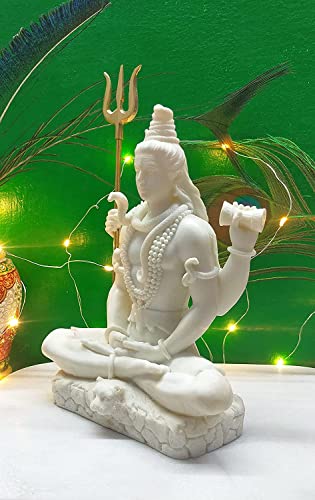 Image of Shiva Sitting Meditating Pose Sculpture, Handcrafted Resin Marble Finish, Glossy Tabletop Home Decoration, White 8 Inch