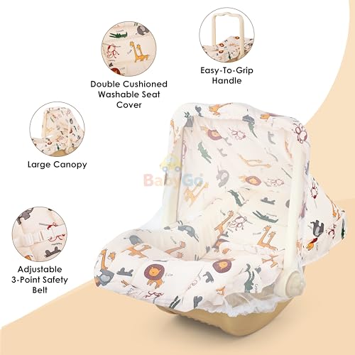 Image of BabyGo 5-in-1 Baby Carry Cot & Rocking Chair with Adjustable Handle, Safety Belt, Large Canopy, Anti-Mosquito Net & Washable Double Cushion Seat for Newborns & Infants - Beige