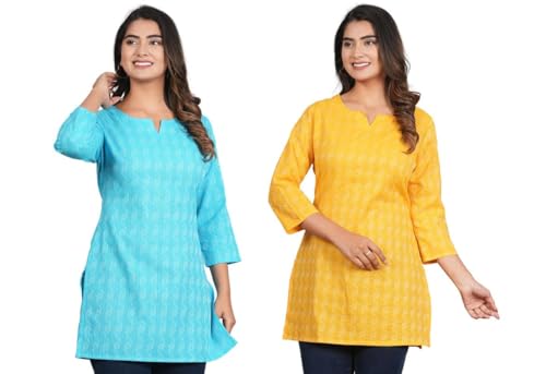 Image of Pure Cotton Casual Regular Fit Printed Straight Short Kurta for Women & Girls | Combo Pack of 2 (Sky Blue & Yellow)