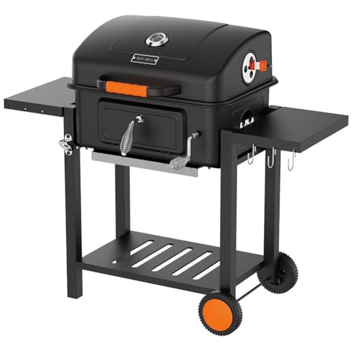 Parrilla de carbón grande con termómetro y rejillas de ventilación ajustables, carrito de barbacoa portátil con tapa y ruedas para picnic, jardín, terraza, camping, parrilla de carbón negro