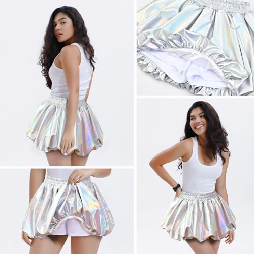 Image of Perfashion Girls Bubble Skirt Metallic Puff Balloon Cute Mini Skorts Dance Outfits with Shorts 4-13Y