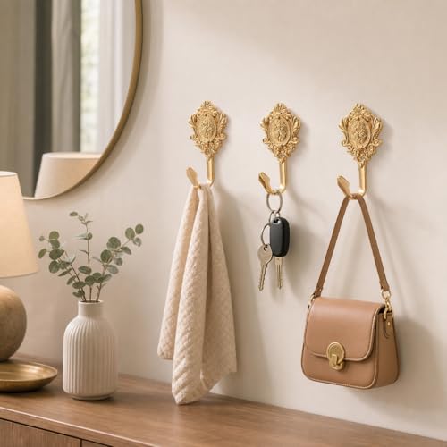 Image of HASTHIP BrandName wall Hooks Vintage zinc Alloy Curtain Holdback Hooks with Ornate Golden Finish, Decorative Embossed Design, Durable Metal Construction, Easy Mounted Installation for Window Styling