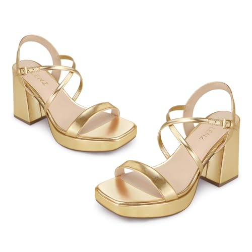 Image of CELLENZ Women Chunky Platform Heels: 3.9 Inch High Heel Prom, Wedding, Party, Square Open Toe Heeled Sandals, Strappy Comfortable Sexy Dressy Shoes