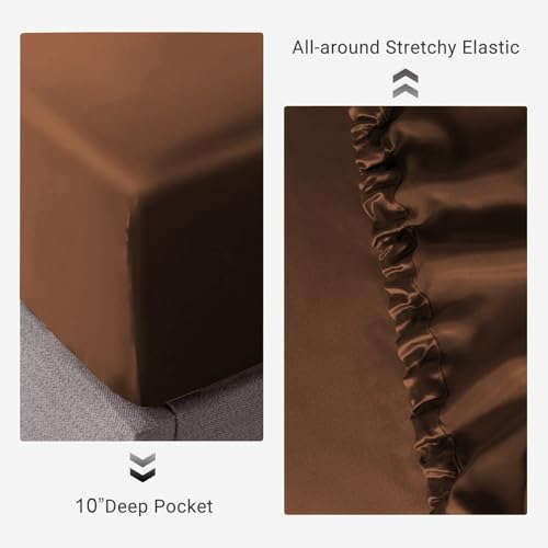 Image of Soft and Silk Satin Fitted Bedsheet for Single Size 36X75 +12 in - Elastic Fitted Sheet 400 TC Hotel Collection for Bedroom | Fitted Sheet with Pillow Cover - Brown, Single Bed