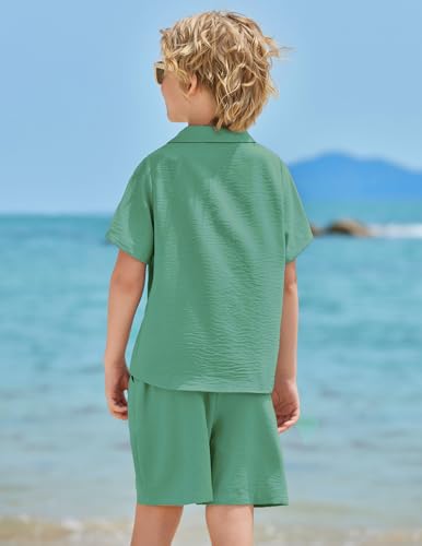 Image of Arshiner Boys 2 Pieces Summer Beach Outfits Short Sleeve Button Down Shirts and Shorts Vacation Texture Sets for Kids