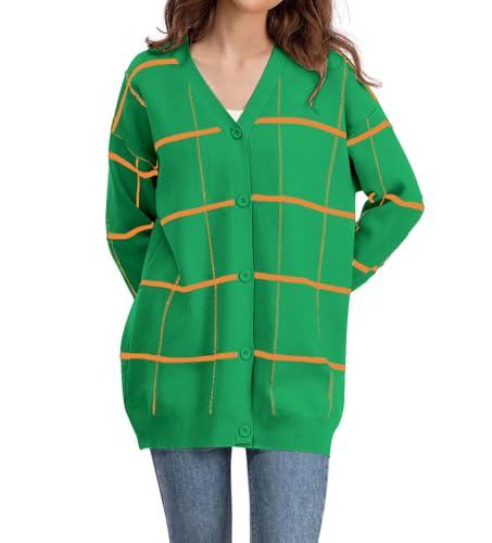 chouyatou Womens Vintage Plaid Button Down Cardigans Color Block V Neck Knit Cardigan Sweater Jacket Coat (Medium Green)