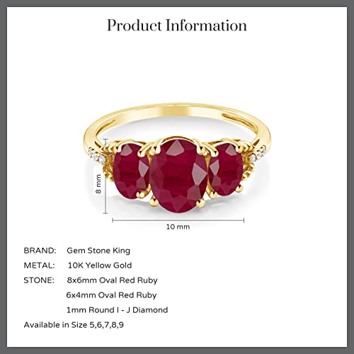 Gem Stone King 10K Yellow Gold Red Ruby and Diamond Accent 3-Stone Ring | 2.84 Cttw | Oval 8X6MM and 6X4MM | 3 Stone Wedding Engagement Anniversary Promise Ring For Women4