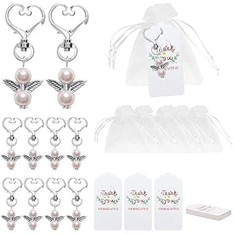 Daimay 20 Sets Angel Pearl Beads Pendant Keychain White Organza Gift Bags Thank You Tags Guardian Angel for Guest Baby Shower Wedding Decorations Favors Souvenir Keychain Gift Set - Pink Cover