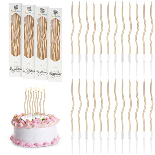 URAQT 24 velas de aniversário em espiral, velas de aniversário em espiral, velas metálicas longas e finas para Cupcakes para aniversários, Baby Shower, graduação (espiral de champanhe)