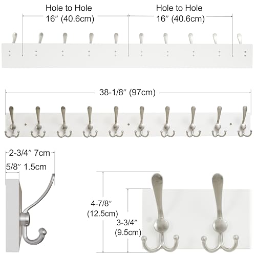Image of SKOLOO Creations White Solid Wood Wall Mounted Coat Rack, 10 Hooks, 38-1 /8 inch Long - Kitchen, Mudroom, Entryway, Bathroom - Includes Mounting Hardware, Wall Coat Hanger, Towel Rack
