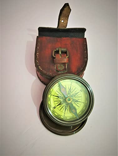 Brújula de bolsillo vintage de latón 1885 con estuche de cuero, herramienta de navegación antigua miniatura 2