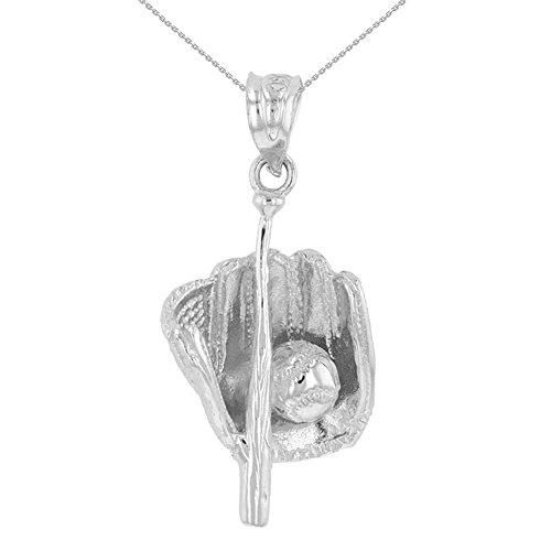 Fine 925 Sterling Silver Baseball, Bat and Glove Sports Pendant Necklace, 16