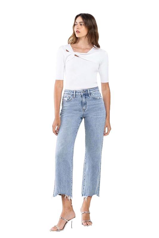 Vervet by Flying Monkey Women's High Rise Distressed Hem Crop Dad Jeans - Venerate T61894