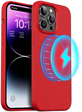 ORNARTO Magnetic Case for iPhone 14 Pro Compatible with MagSafe, with 1 Pack Tempered Glass Screen Protector, Slim Liquid Silicone 3 Layers Full Covered Soft Gel Rubber Cover-Elderberry